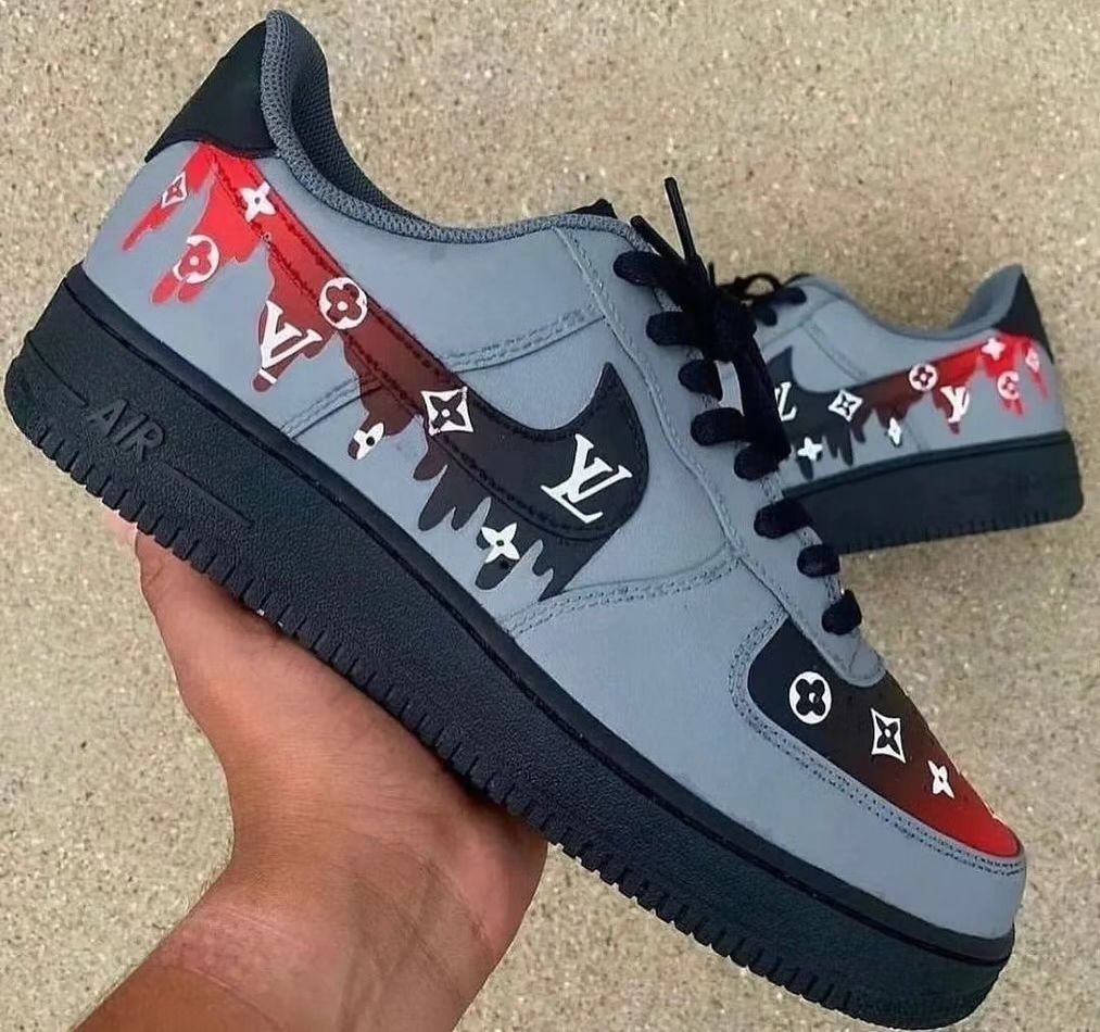 Dripping Lv Logo Swoosh Gray Black Red Custom Air Force 1