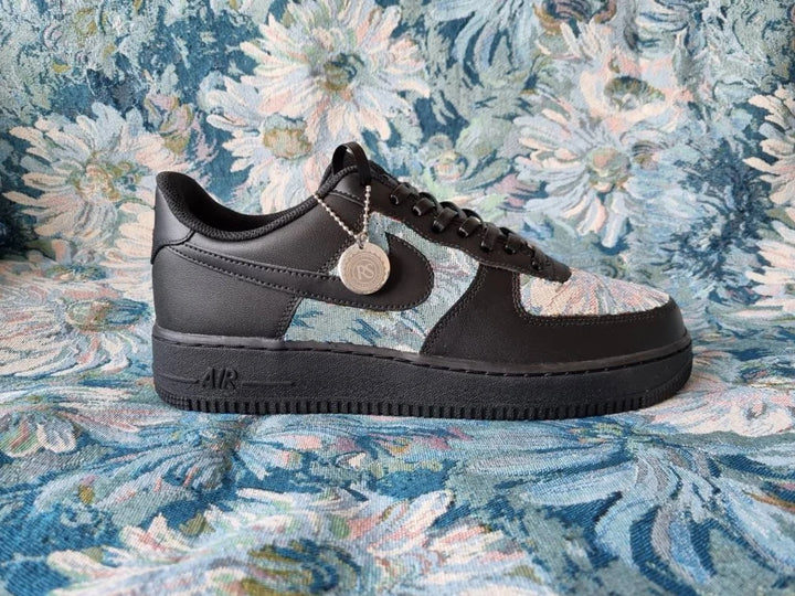 Custom Air Force 1 Black Blue Floral Pattern