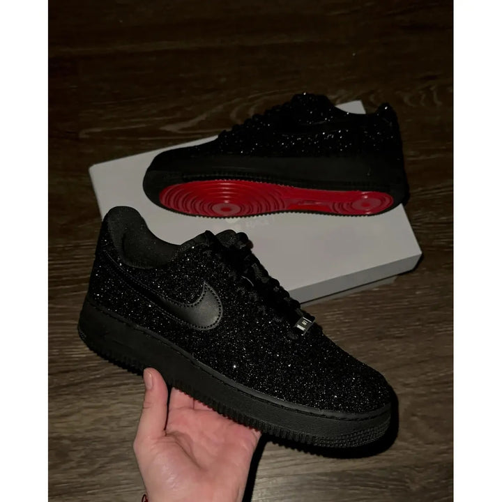 Custom Air Force 1 Black Glitter And Red Sole