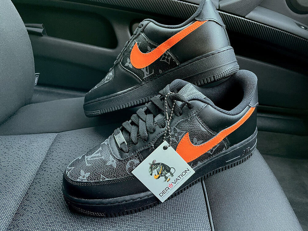 Custom Air Force 1 Black LV Pattern Orange Swoosh