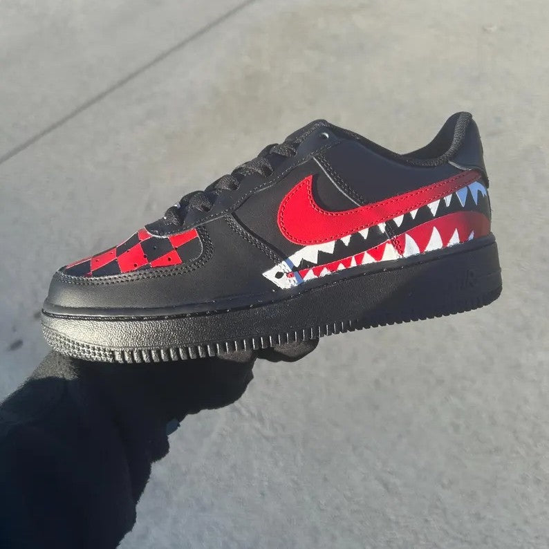 Custom Air Force 1 Black Red Checkerboard And Shark Teeth Pattern
