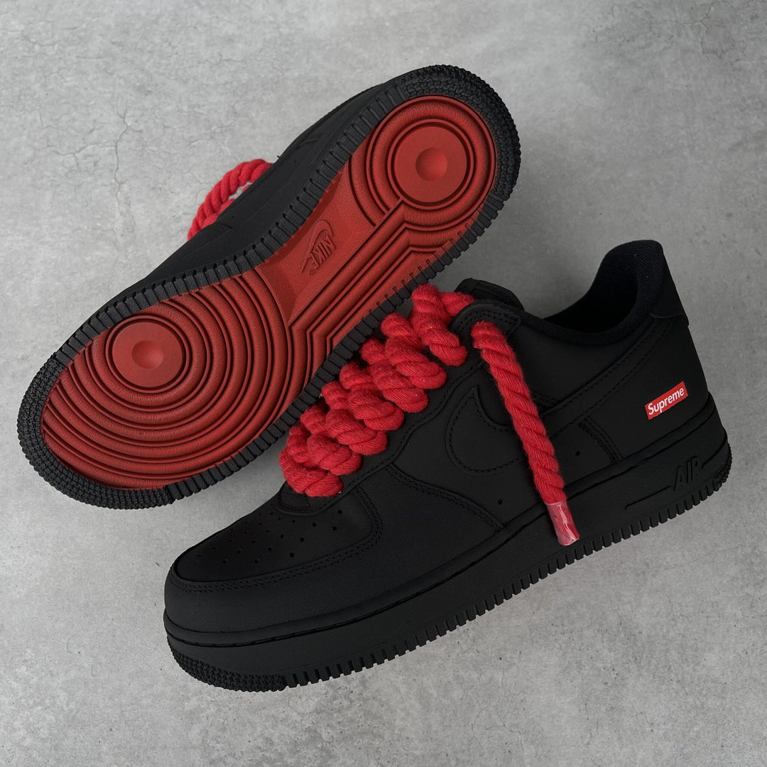 Custom Air Force 1 Black Red Rope Laces Supreme Logo