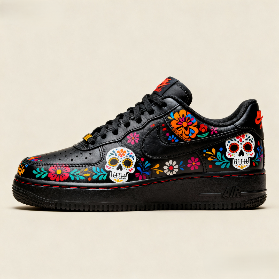 Custom Air Force 1 Black Sugar Skull And Floral Patterns