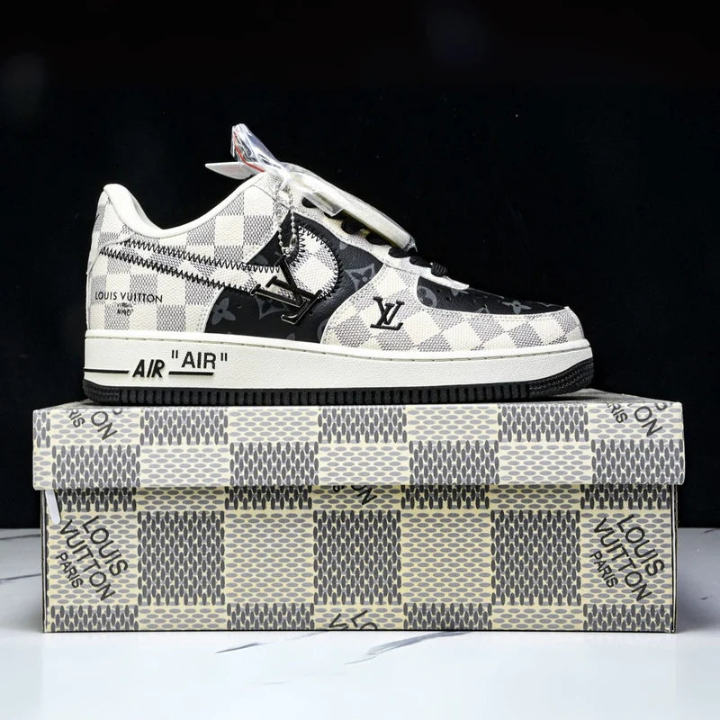 Custom Air Force 1 Black White with LV Checkerboard Pattern