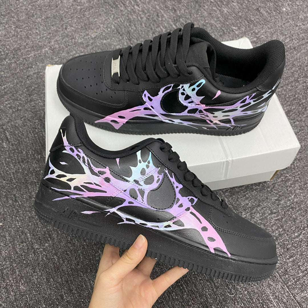 Custom Air Force 1 Black With Pastel Purple And Pink Abstract Patterns
