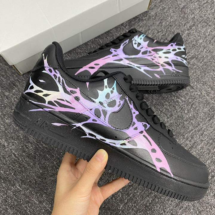 Custom Air Force 1 Black With Pastel Purple And Pink Abstract Patterns