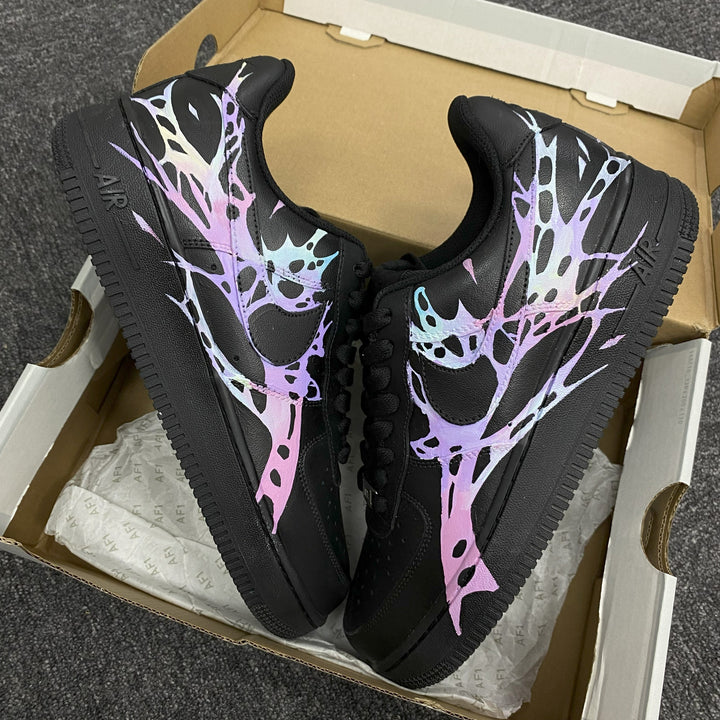 Custom Air Force 1 Black With Pastel Purple And Pink Abstract Patterns