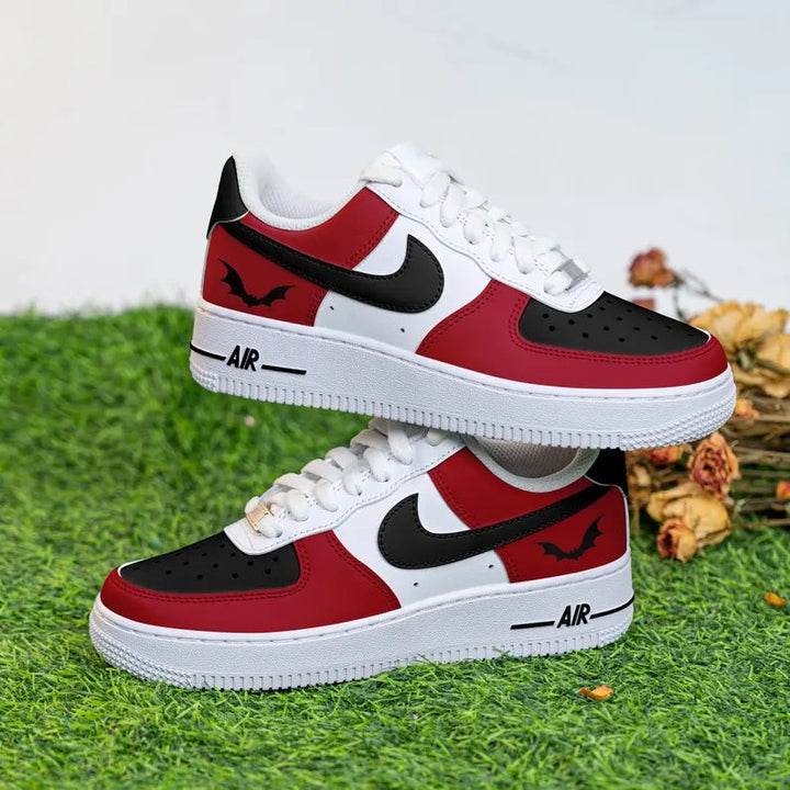 Custom Air Force 1 Red Black White with Bat Pattern