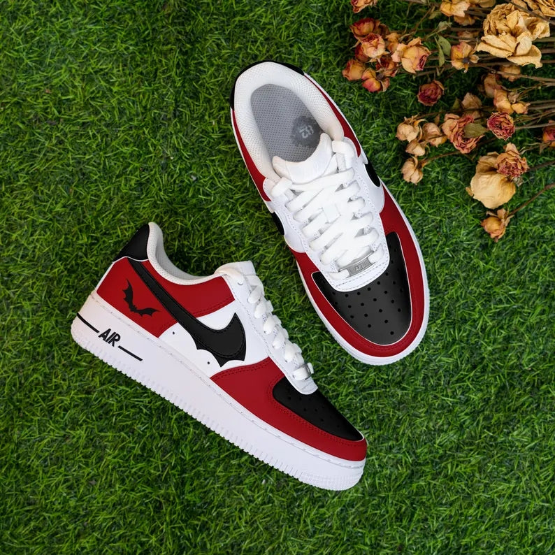 Custom Air Force 1 Red Black White with Bat Pattern
