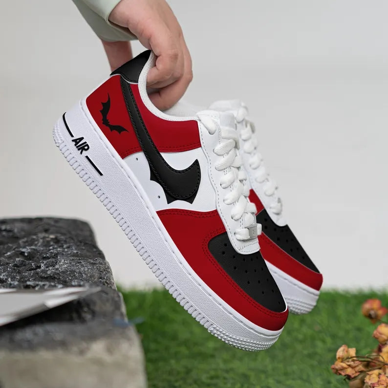 Custom Air Force 1 Red Black White with Bat Pattern