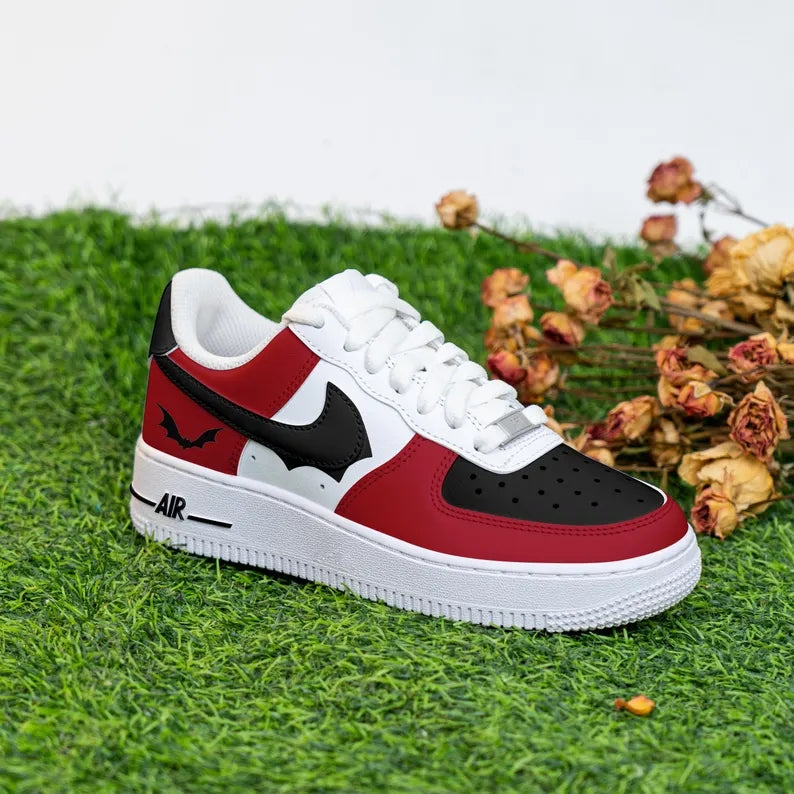 Custom Air Force 1 Red Black White with Bat Pattern