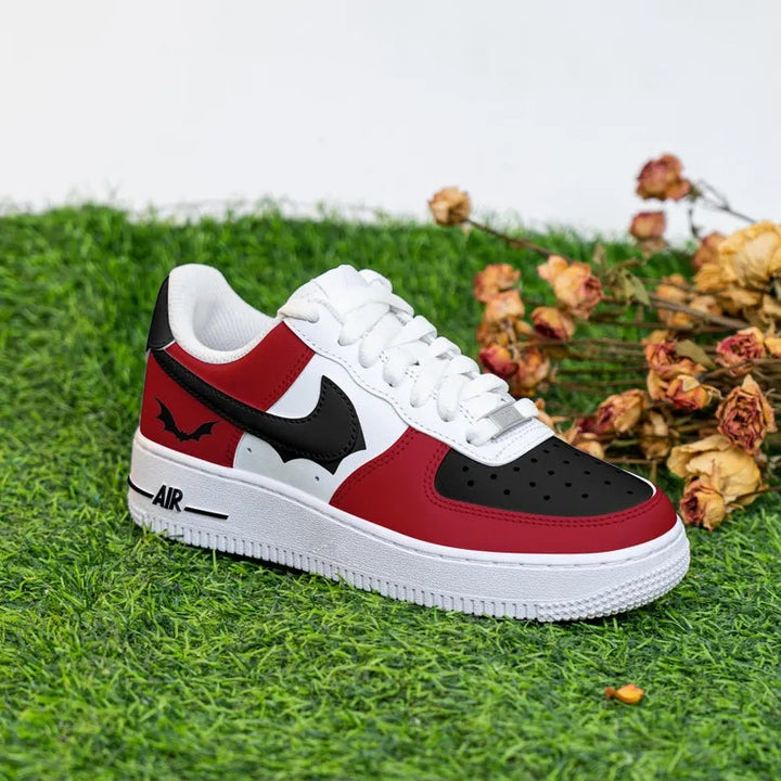 Custom Air Force 1 Red Black White with Bat Pattern