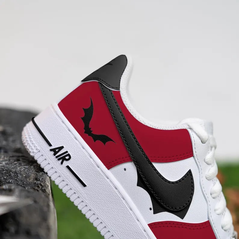 Custom Air Force 1 Red Black White with Bat Pattern