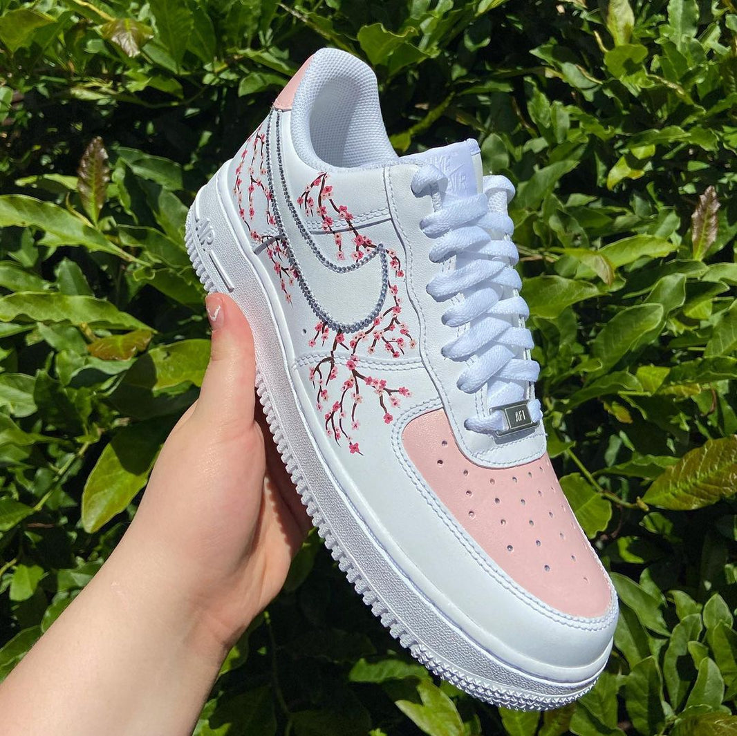 Custom Air Force 1 White Baby Pink With Cherry Blossom Pattern