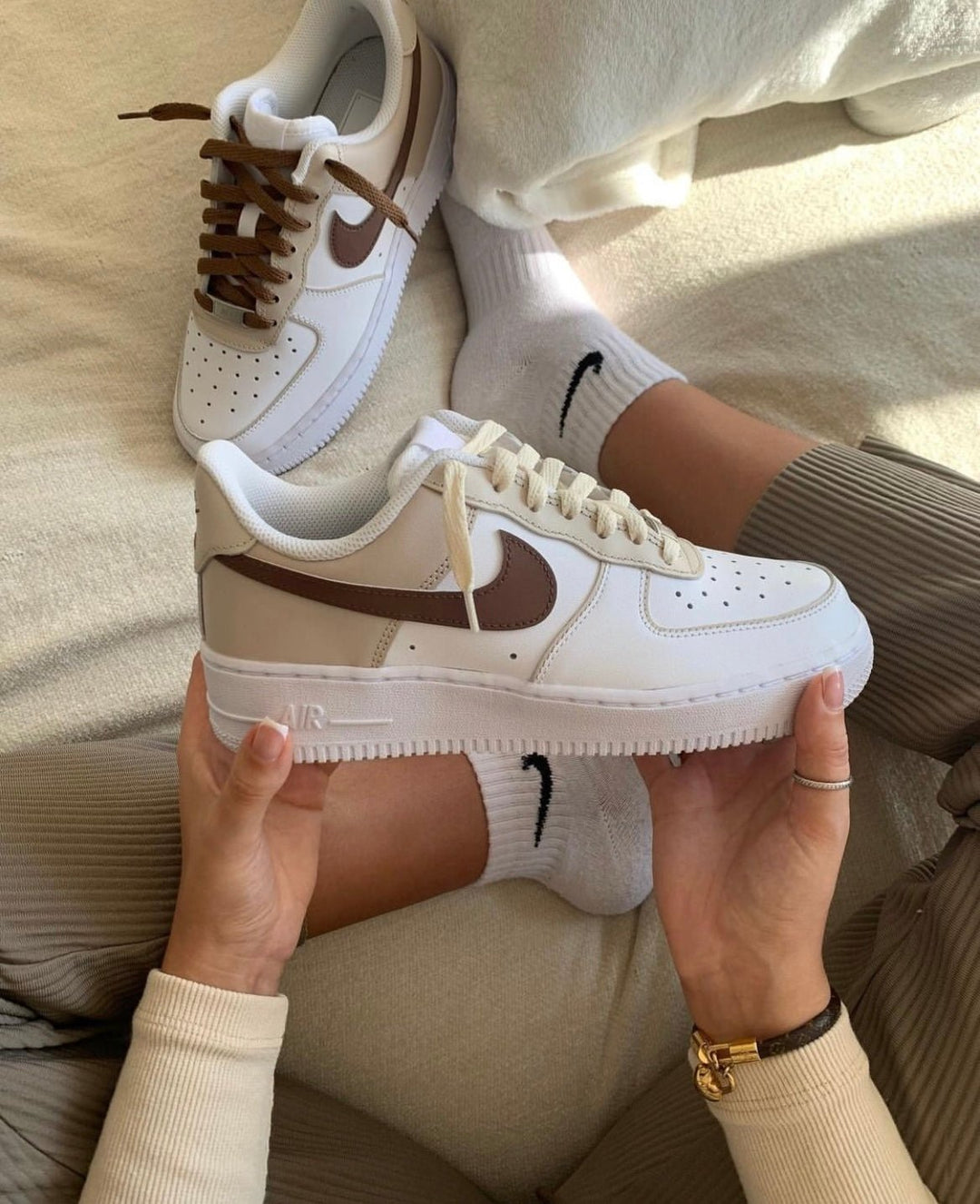Custom Air Force 1 White Beige Brown Swoosh