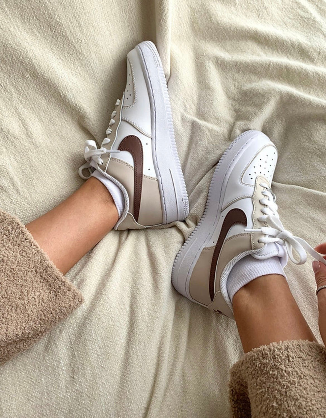 Custom Air Force 1 White Beige Brown Swoosh