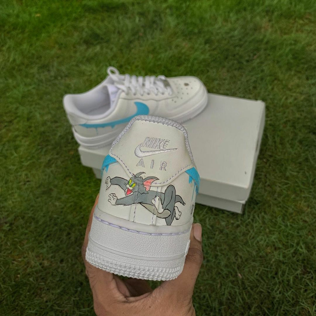 Custom Air Force 1 White Blue Drip And Tom And Jerry Design