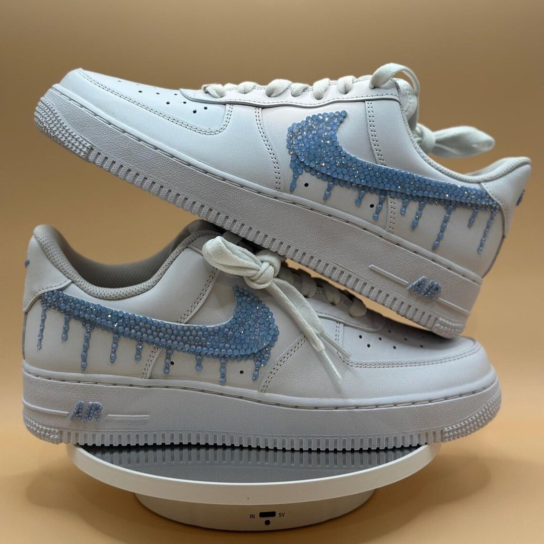 Custom Air Force 1 White Blue Dripping Rhinestones