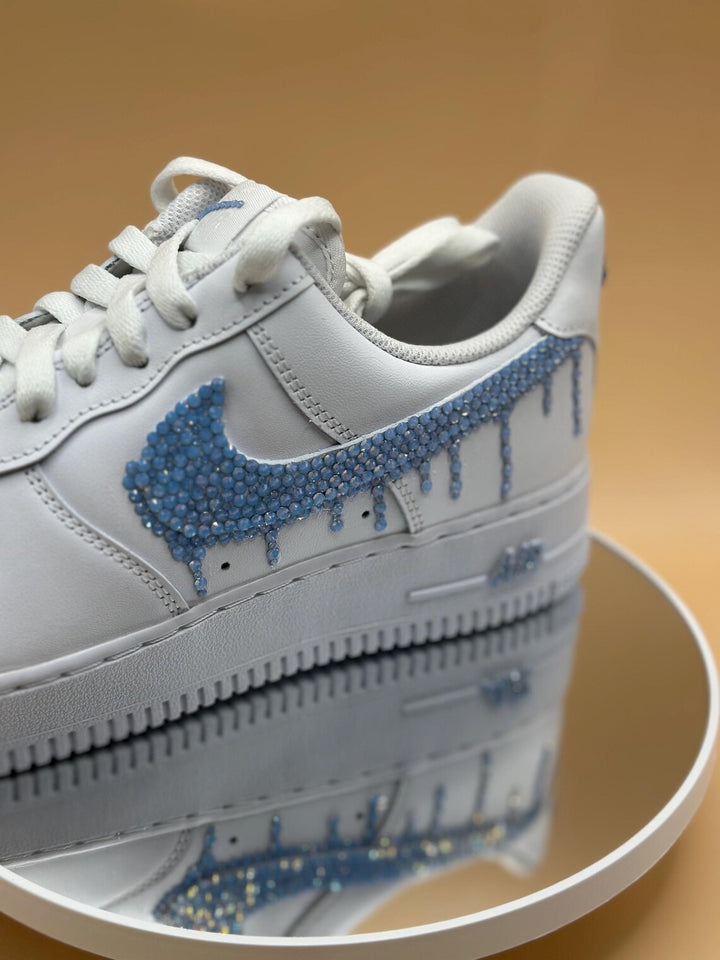 Custom Air Force 1 White Blue Dripping Rhinestones