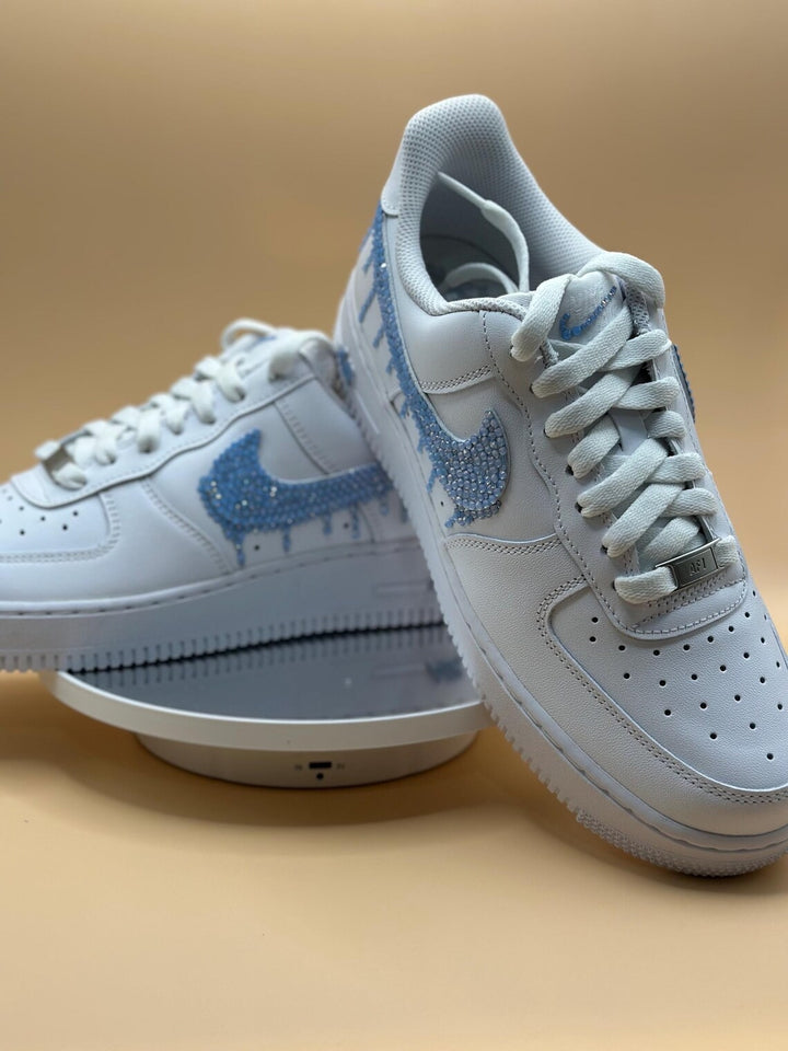 Custom Air Force 1 White Blue Dripping Rhinestones