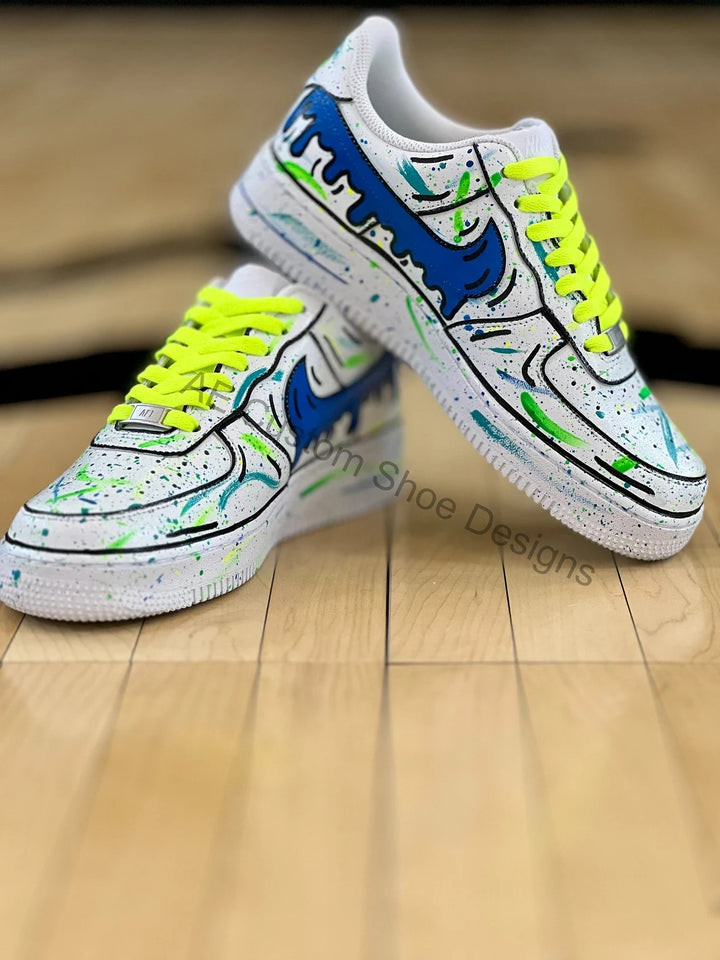 Custom Air Force 1 White Blue Green Splatter