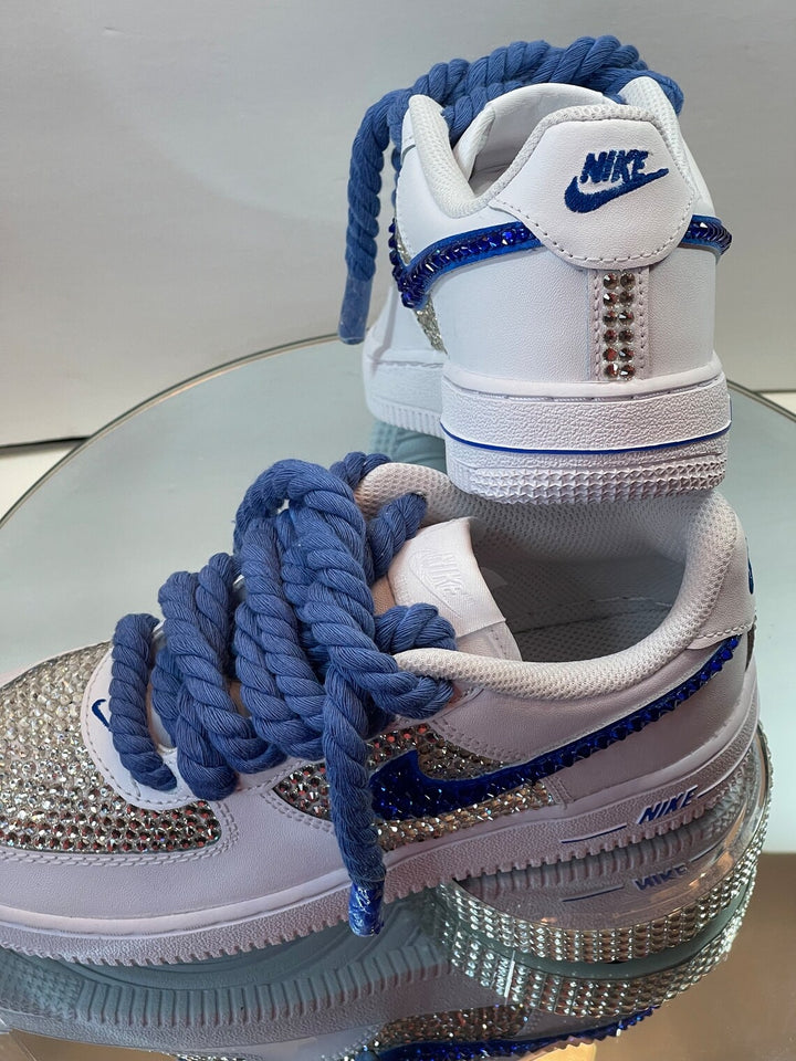 Custom Air Force 1 White Blue With Rhinestones And Rope Laces