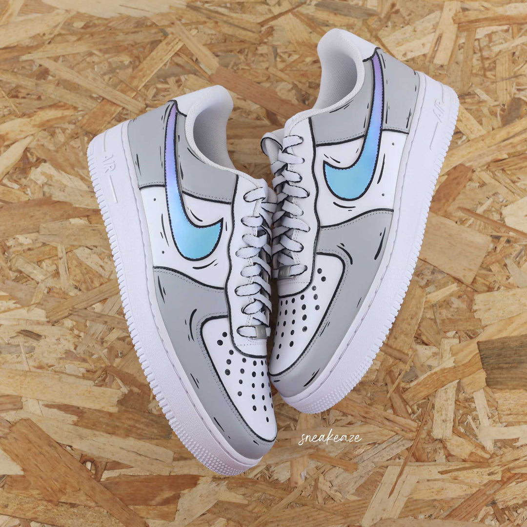 Custom Air Force 1 White Gray Baby Blue Cartoon Pattern