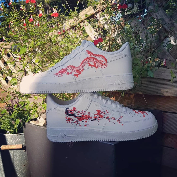 Custom Air Force 1 White Red Dragon And Plum Blossom Design