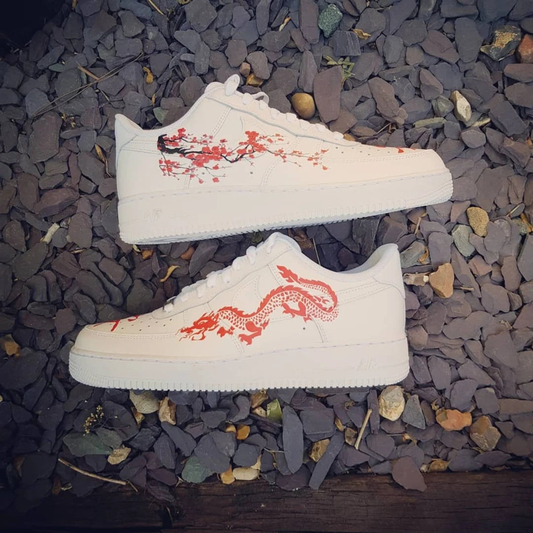 Custom Air Force 1 White Red Dragon And Plum Blossom Design