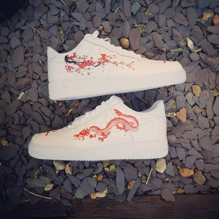 Custom Air Force 1 White Red Dragon And Plum Blossom Design