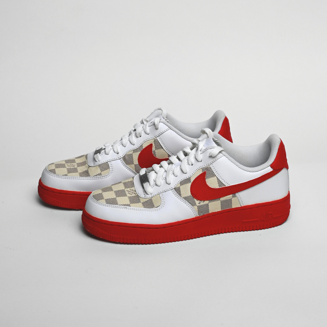 Custom Air Force 1 White Red with LV Checkerboard Pattern