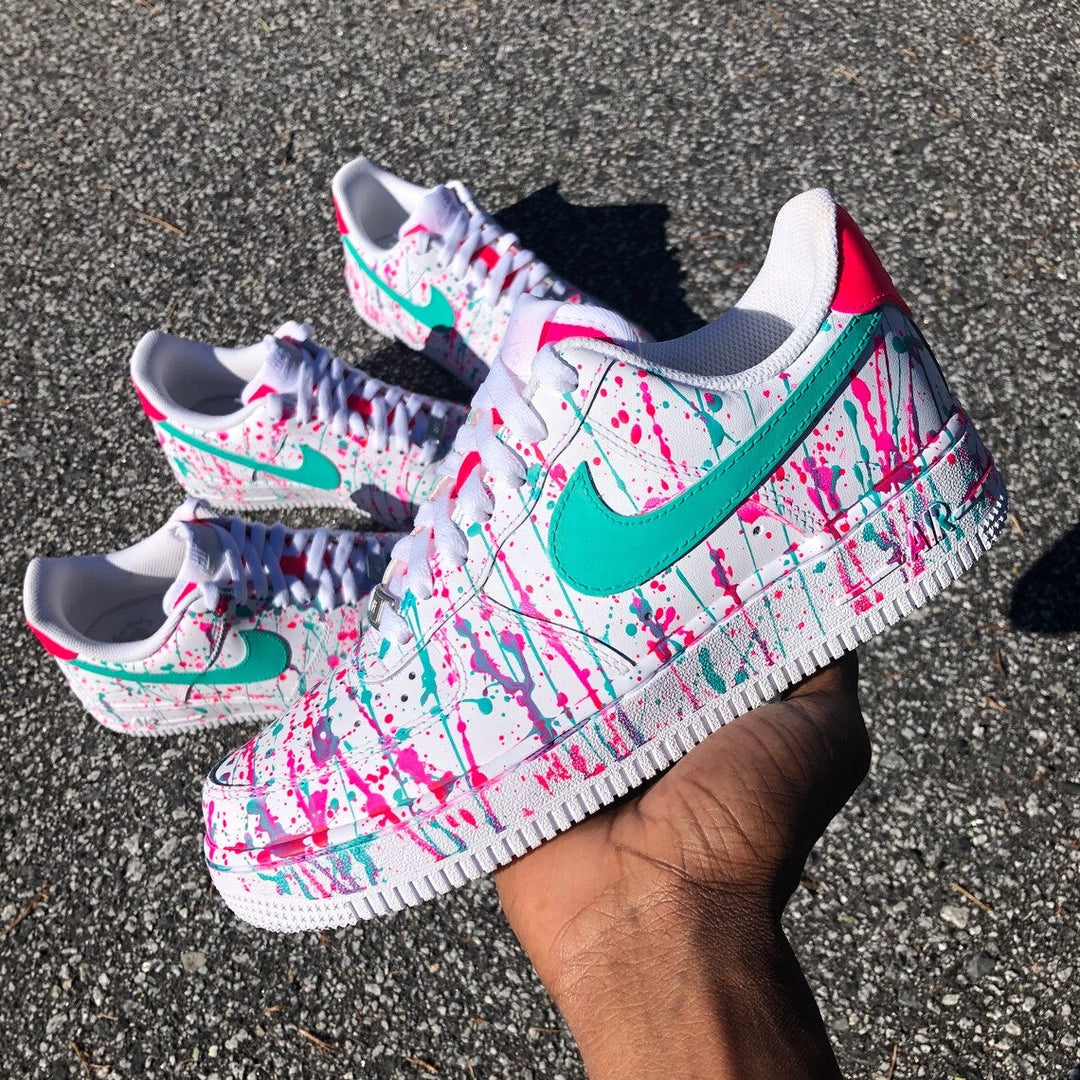Custom Air Force 1 White Teal Pink Splatter Pattern