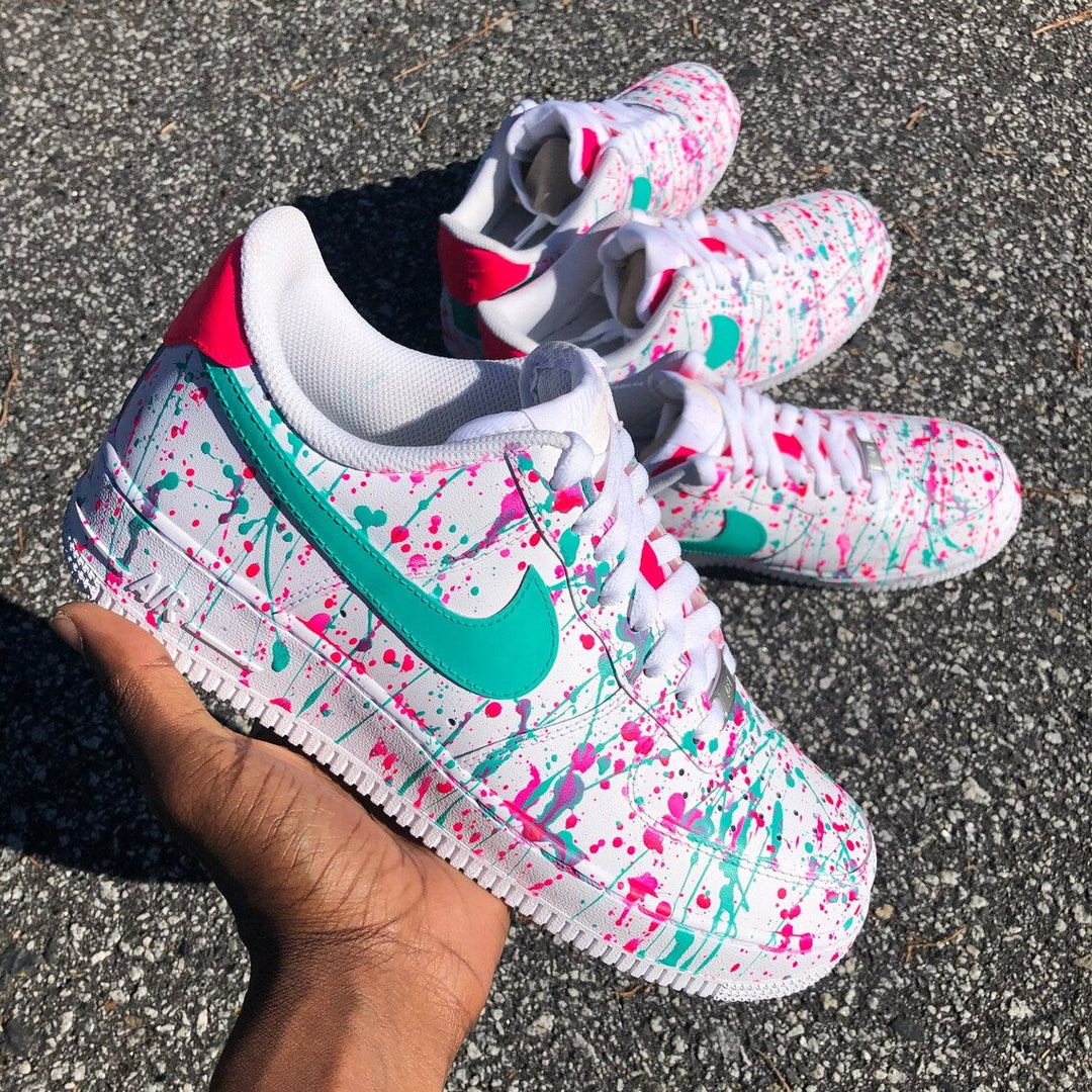 Custom Air Force 1 White Teal Pink Splatter Pattern