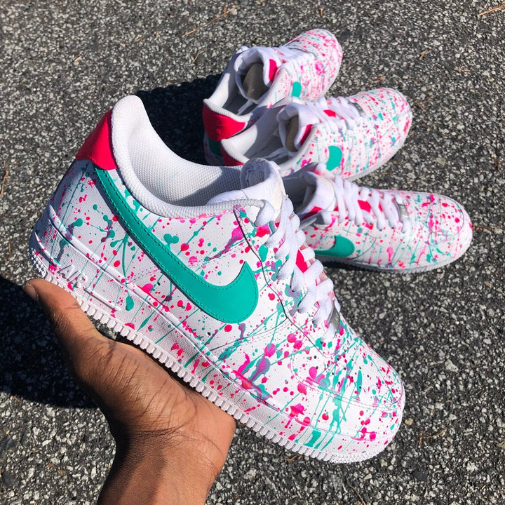 Custom Air Force 1 White Teal Pink Splatter Pattern