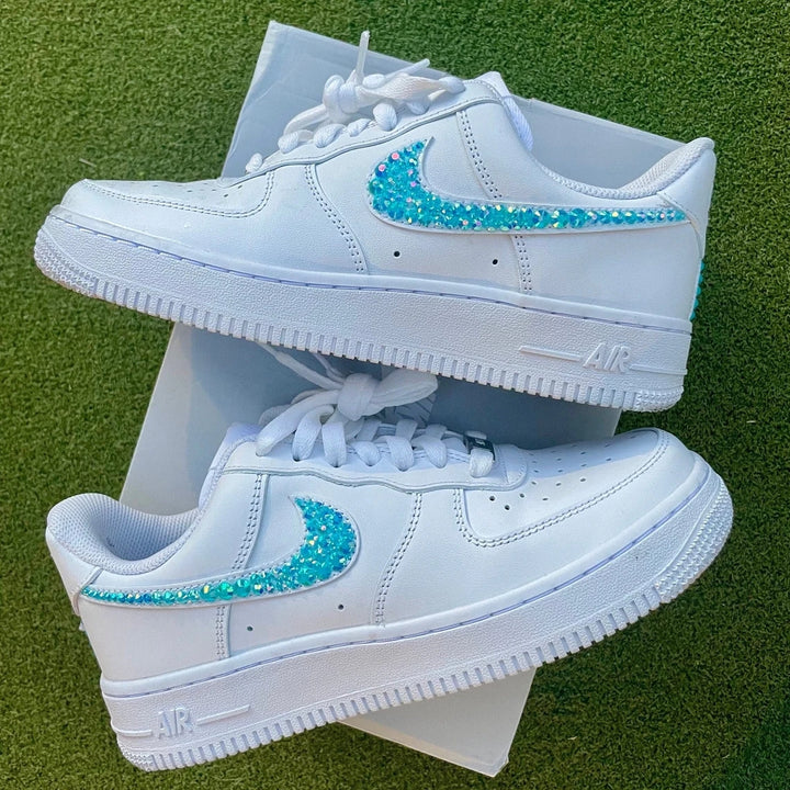 Custom Air Force 1 White Teal Rhinestones