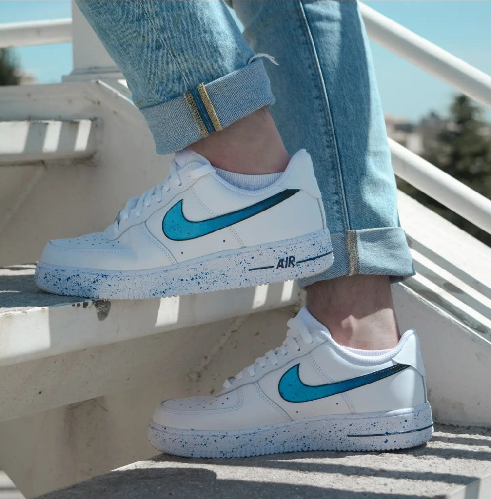 Custom Air Force 1 White Teal Splatter Design