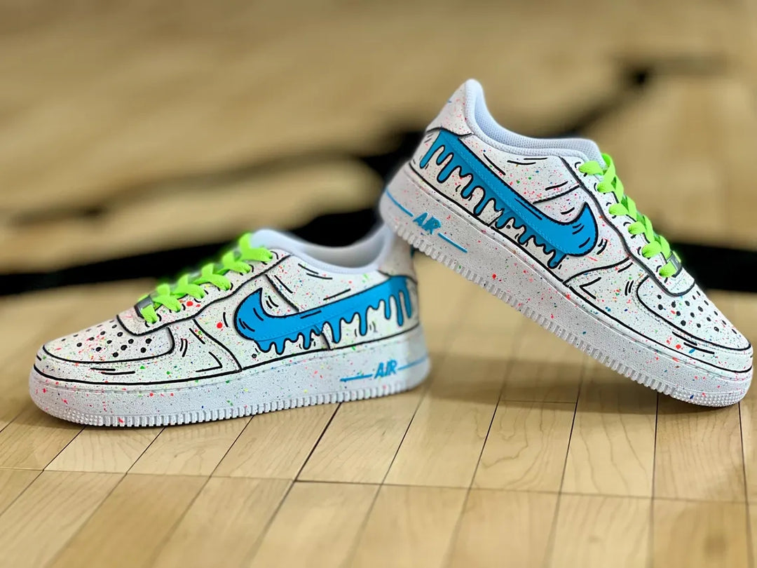 Custom Air Force 1 White With Blue Drip And Colorful Splatter Design