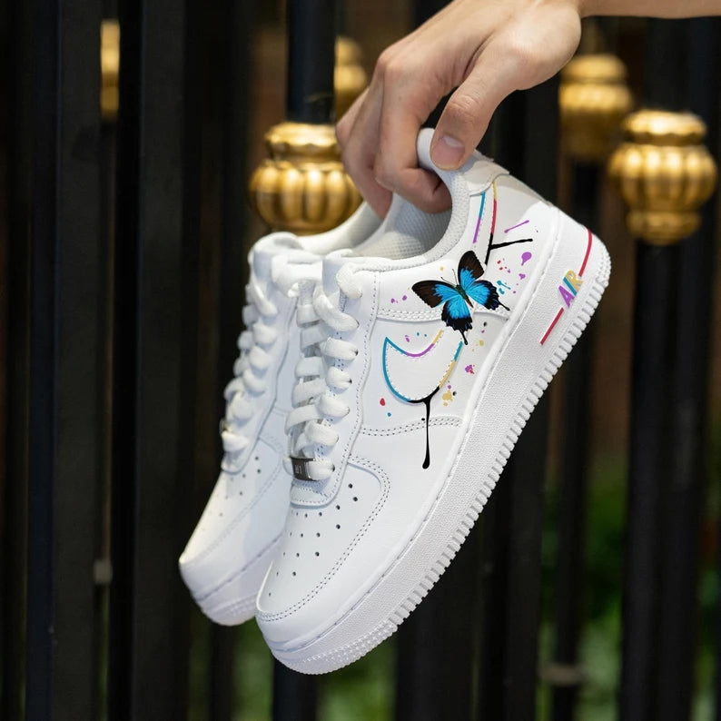 Custom Air Force 1 White with Butterfly and Paint - Splatter Design