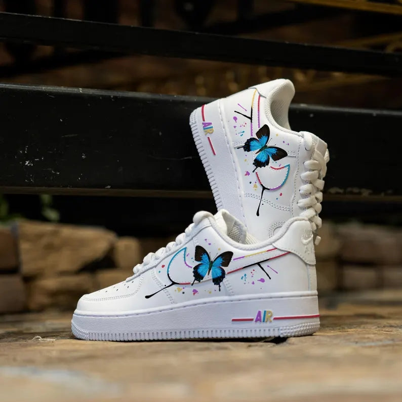 Custom Air Force 1 White with Butterfly and Paint - Splatter Design