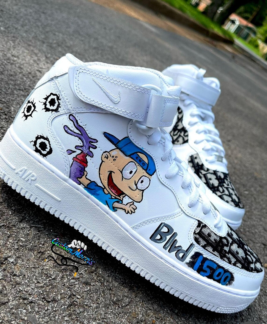 Custom Air Force 1 White With Cartoon Character And Bullet - Hole Patterns