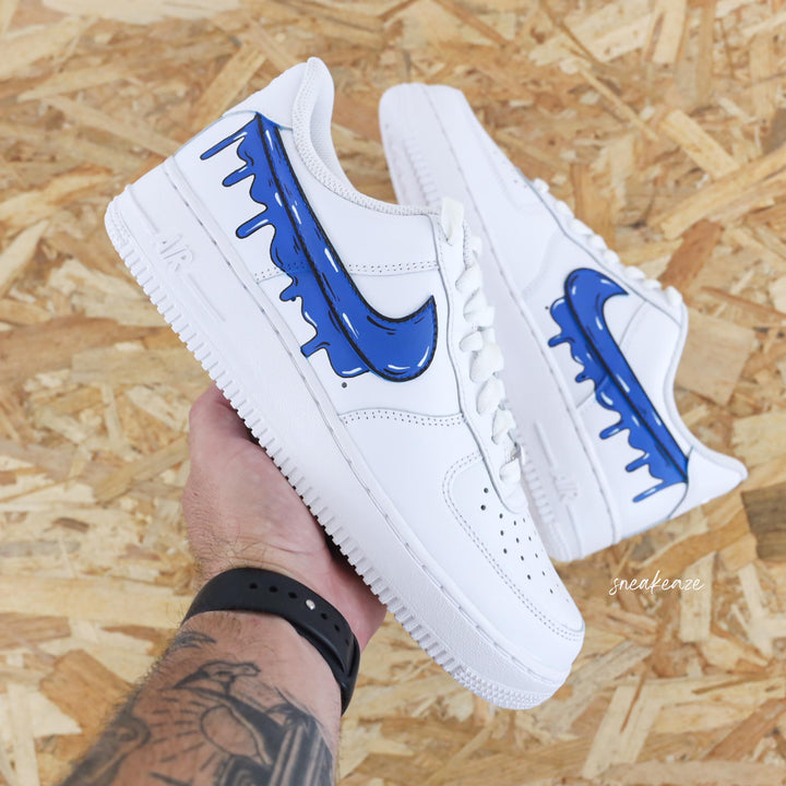Custom Air Force 1 White With Dripping Blue Swoosh Design