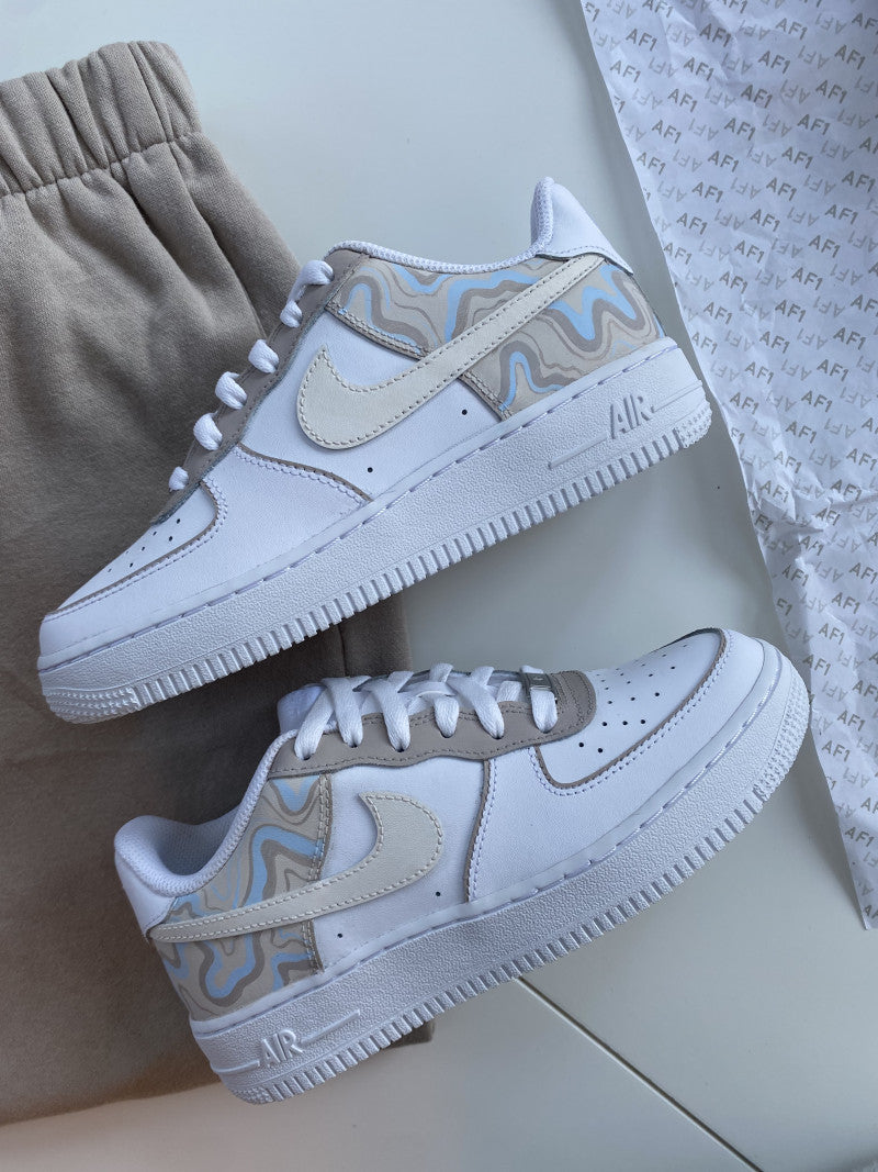 Custom Air Force 1 White With Grey And Blue Wave Pattern