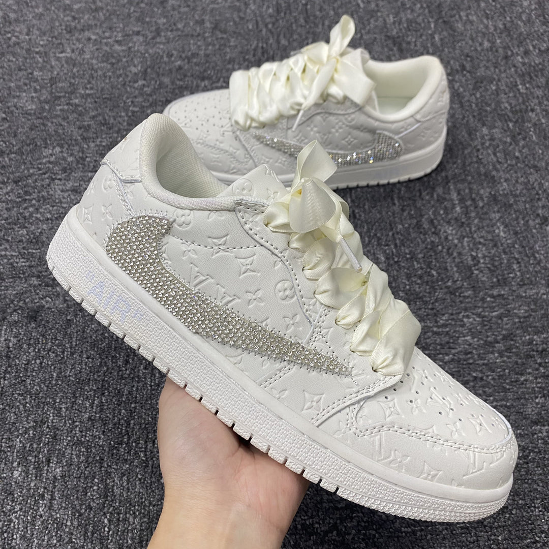 Custom Air Force 1 White with LV Logo and Rhinestones and Satin Laces