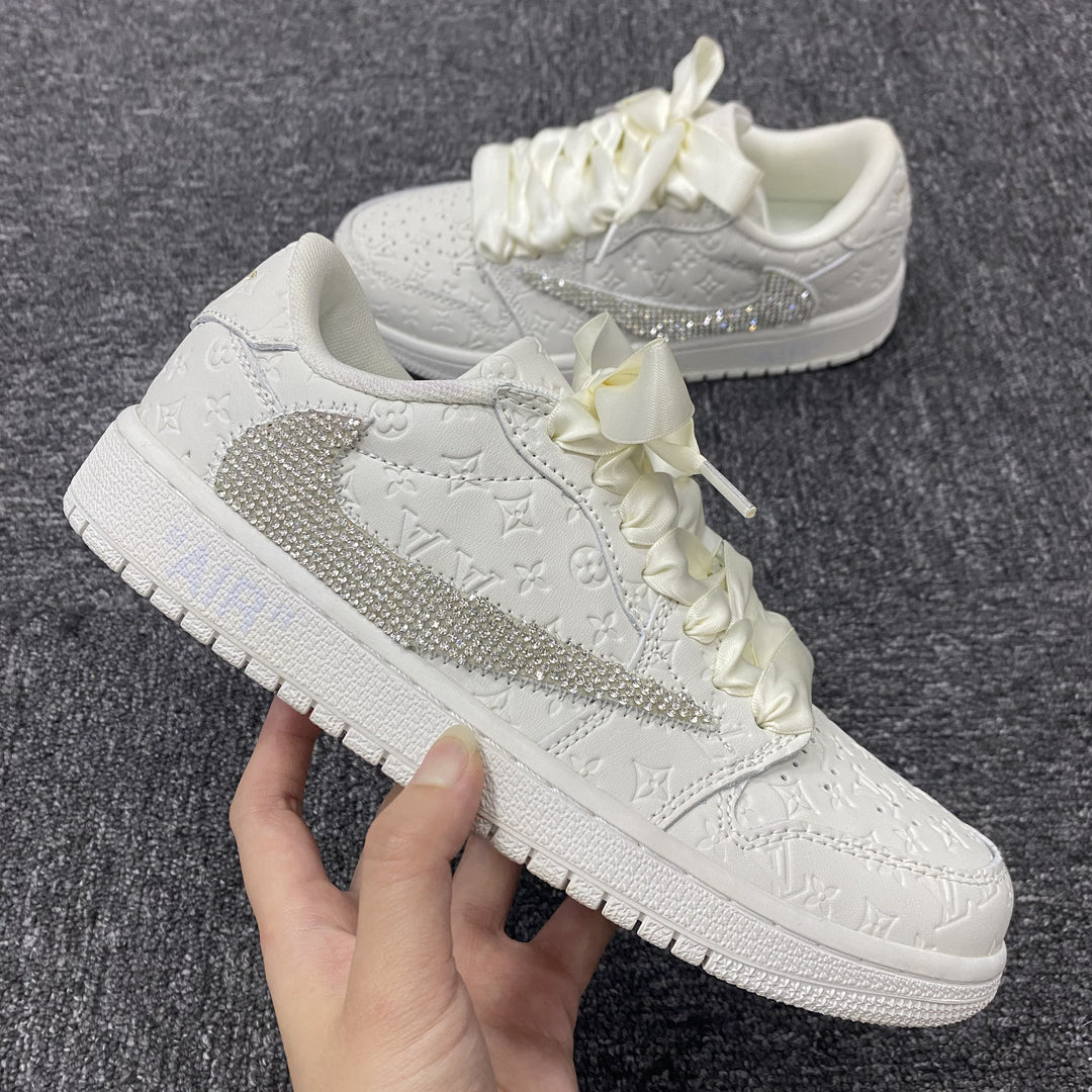 Custom Air Force 1 White with LV Logo and Rhinestones and Satin Laces