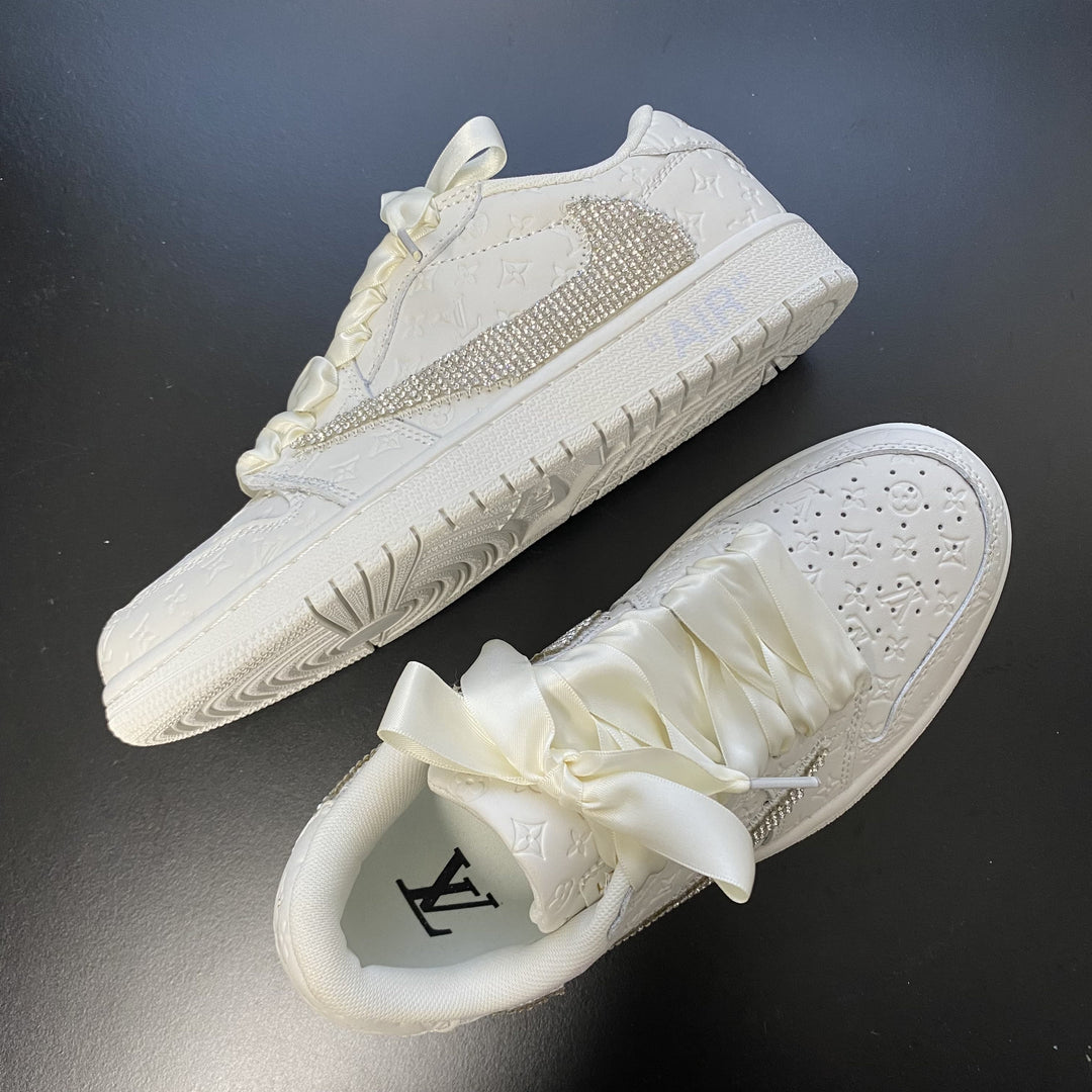 Custom Air Force 1 White with LV Logo and Rhinestones and Satin Laces