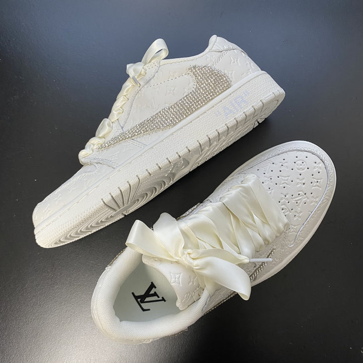Custom Air Force 1 White with LV Logo and Rhinestones and Satin Laces