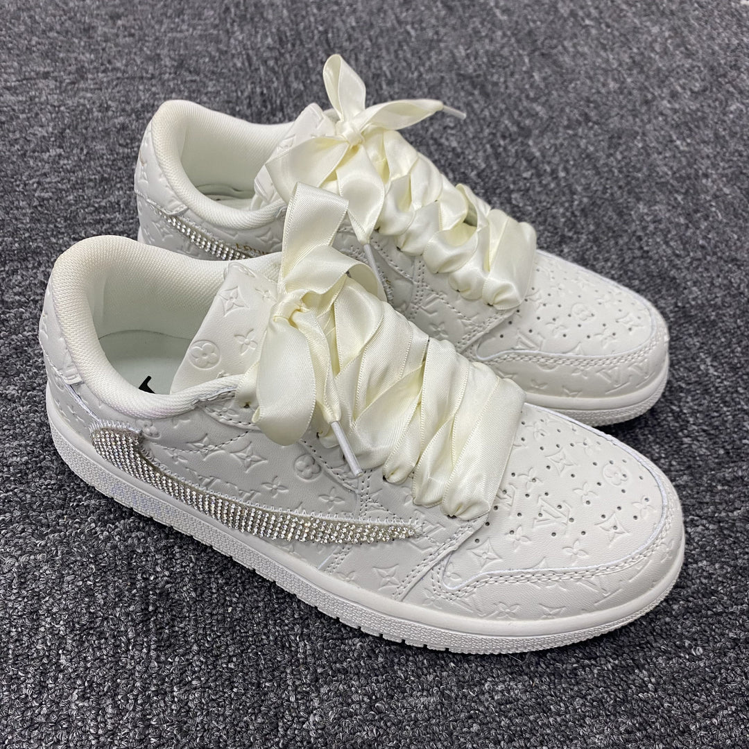 Custom Air Force 1 White with LV Logo and Rhinestones and Satin Laces