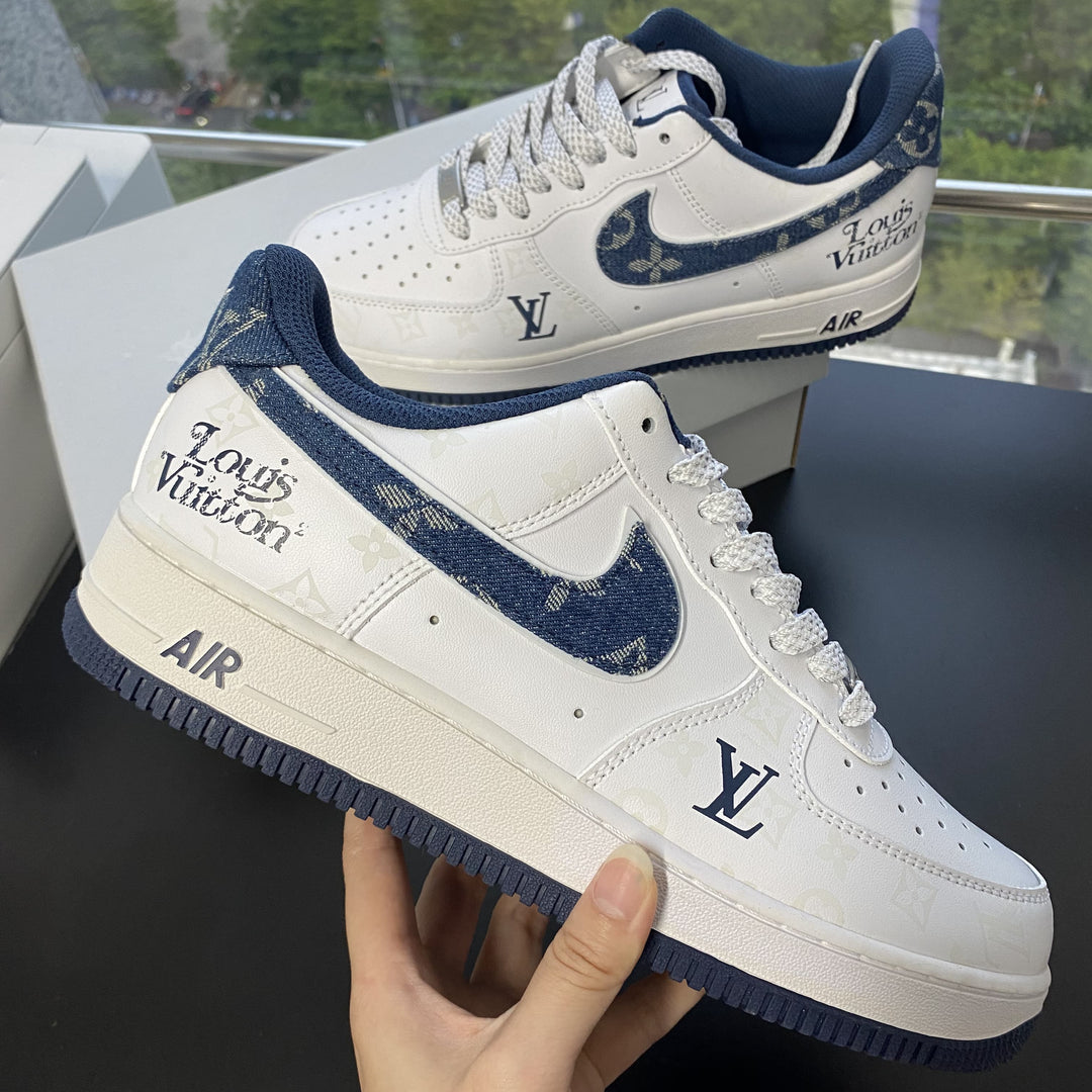 Custom Air Force 1 White with LV Pattern and Navy Accents