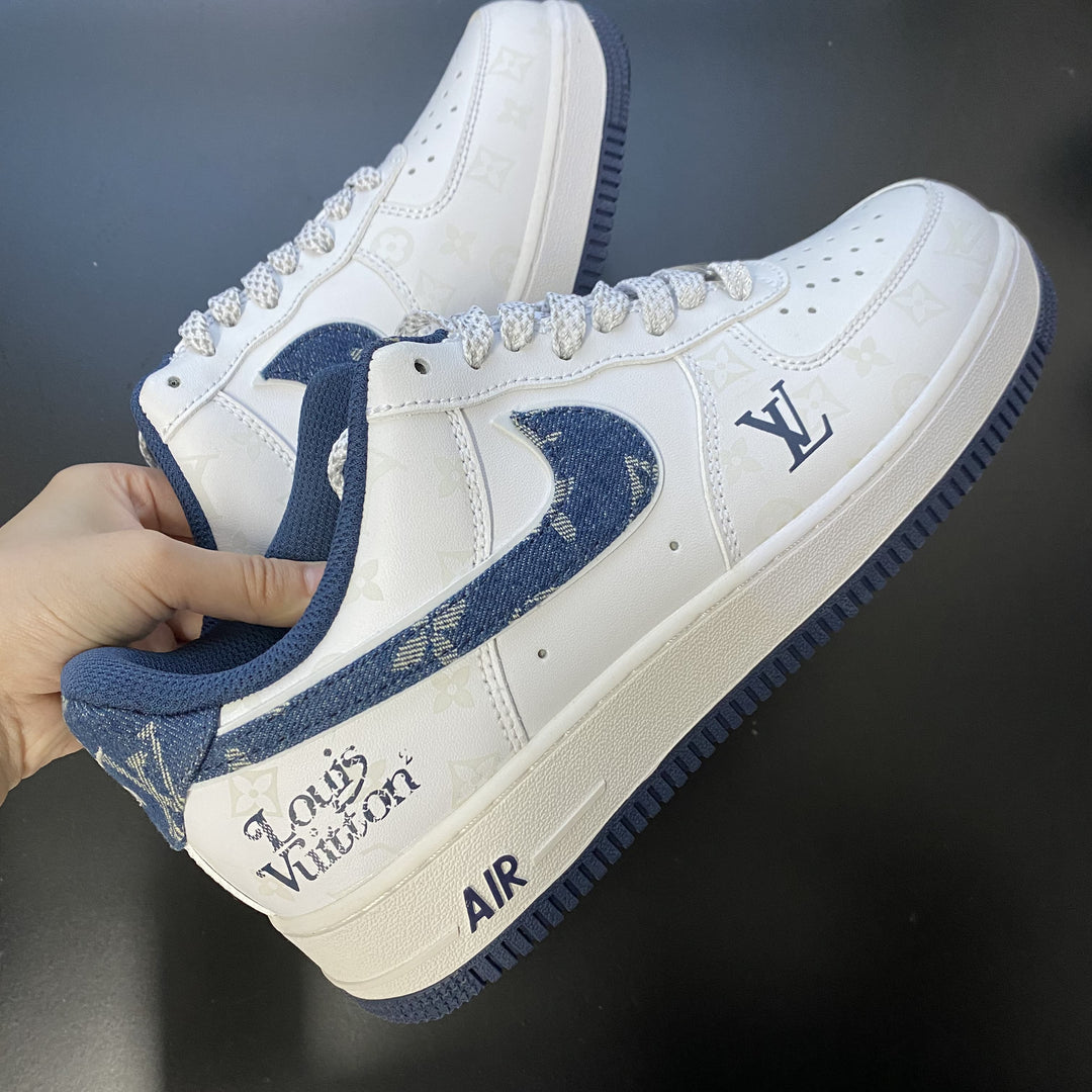Custom Air Force 1 White with LV Pattern and Navy Accents