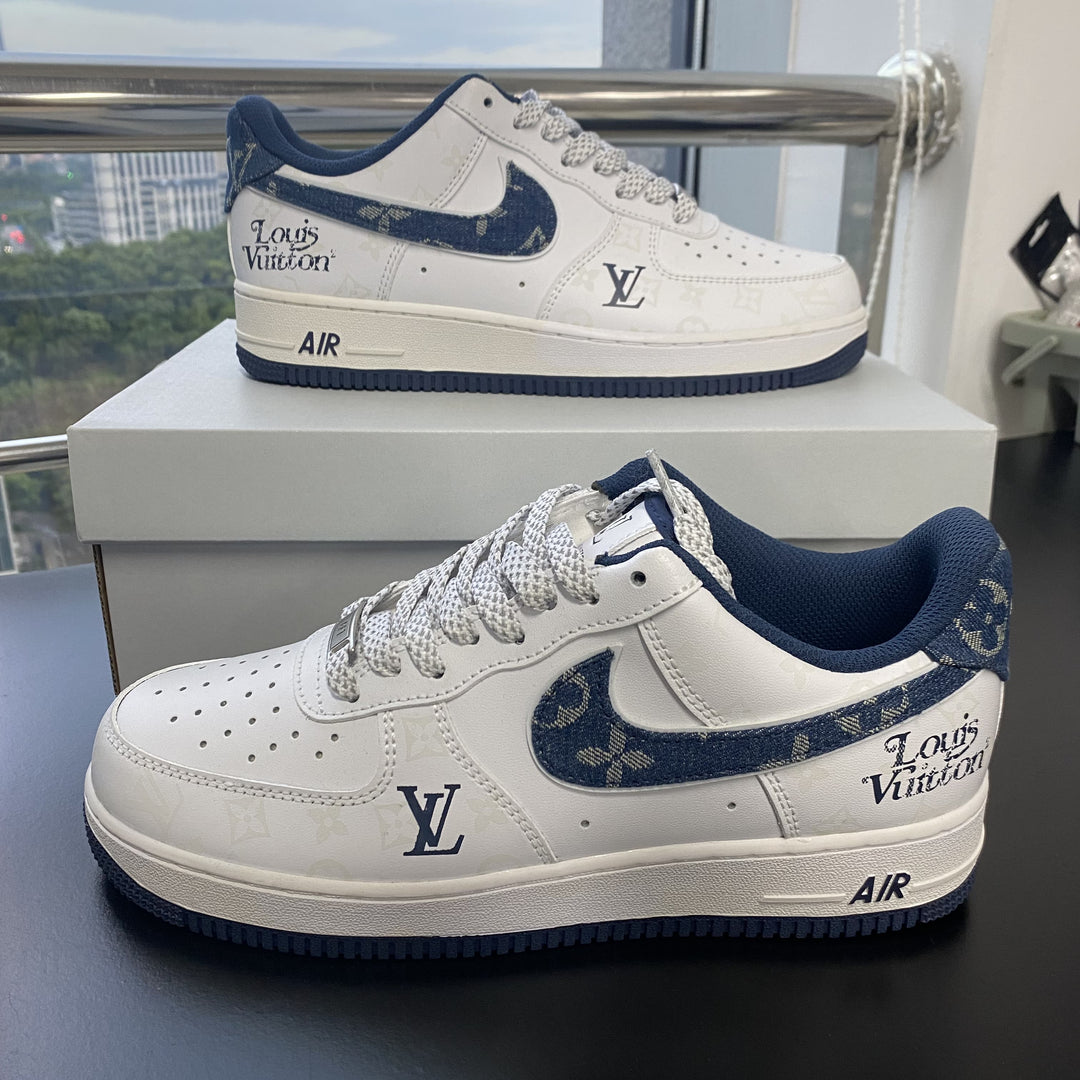 Custom Air Force 1 White with LV Pattern and Navy Accents